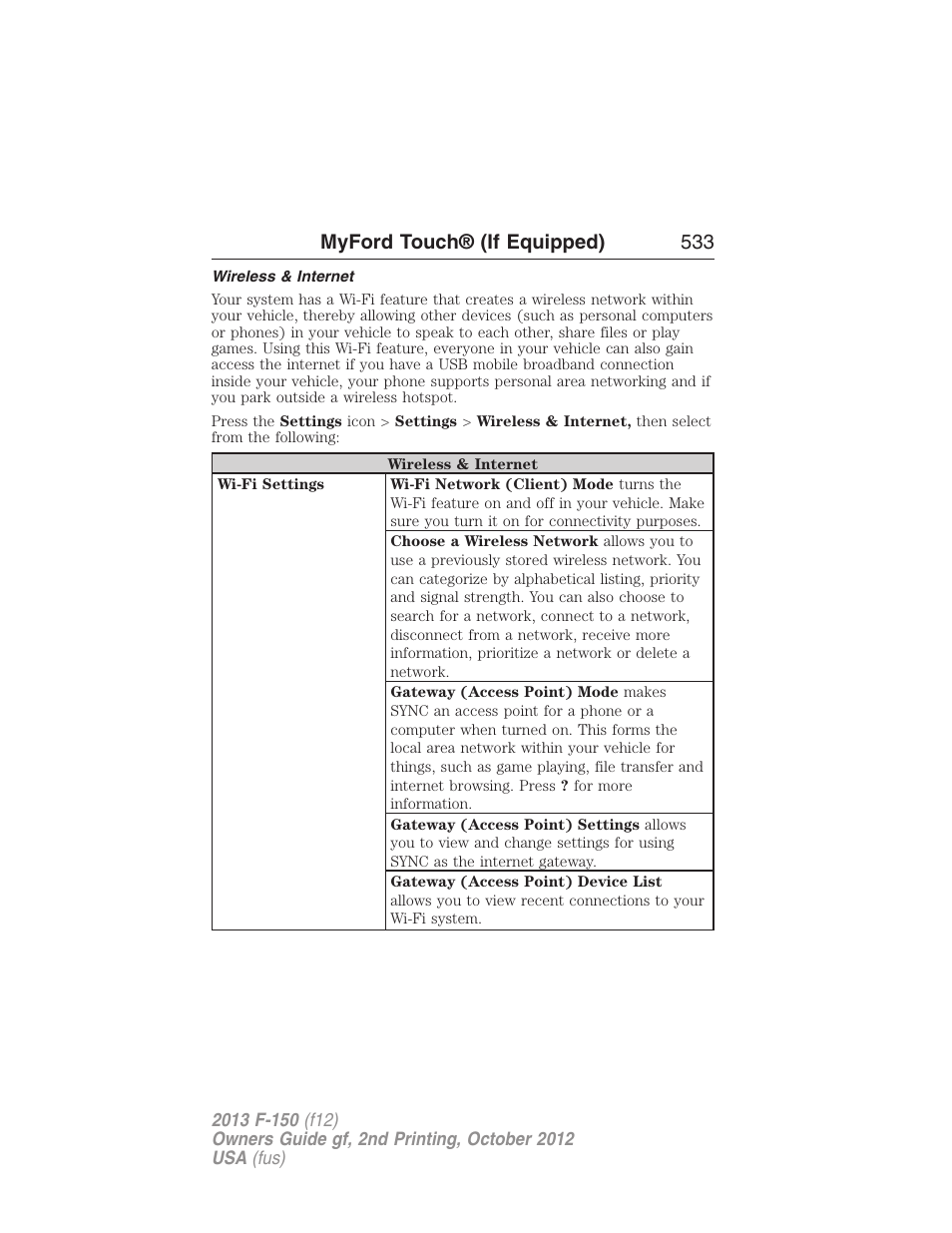 Wireless & internet, Myford touch® (if equipped) 533 | FORD 2013 F-150 v.2 User Manual | Page 534 / 577
