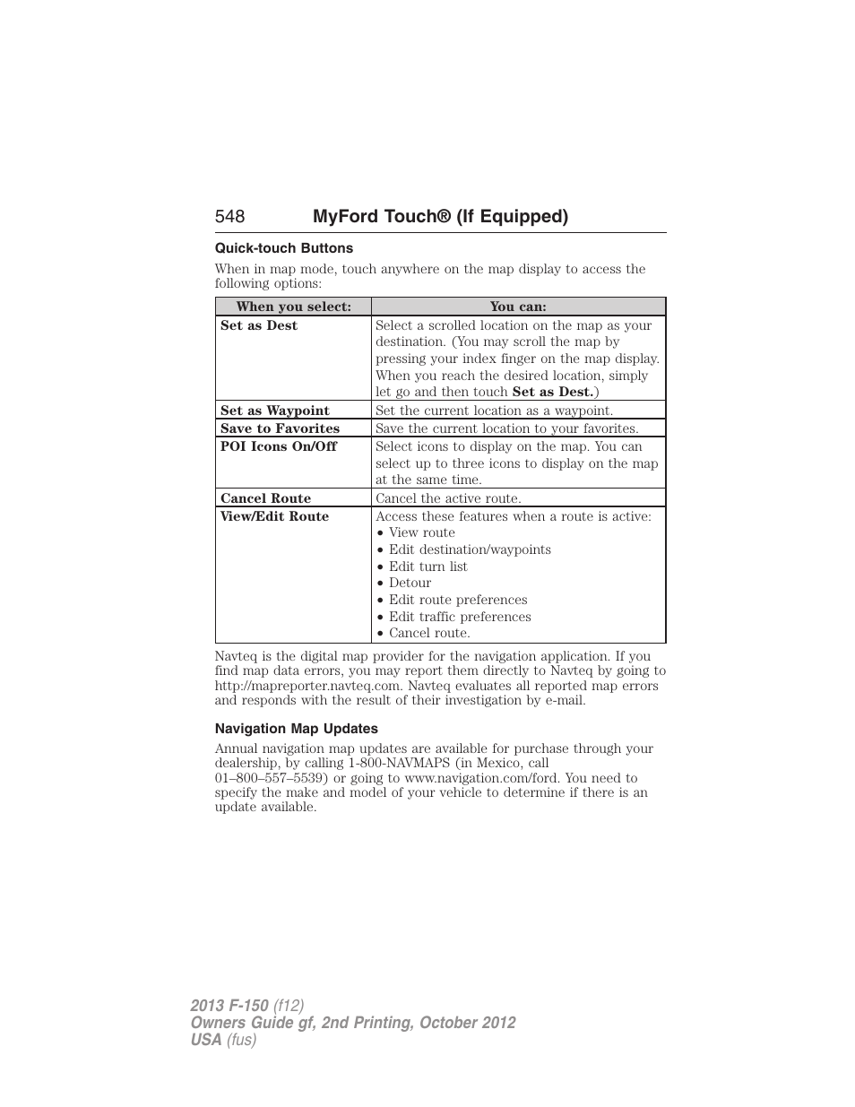 Quick-touch buttons, Navigation map updates, 548 myford touch® (if equipped) | FORD 2013 F-150 v.2 User Manual | Page 549 / 577