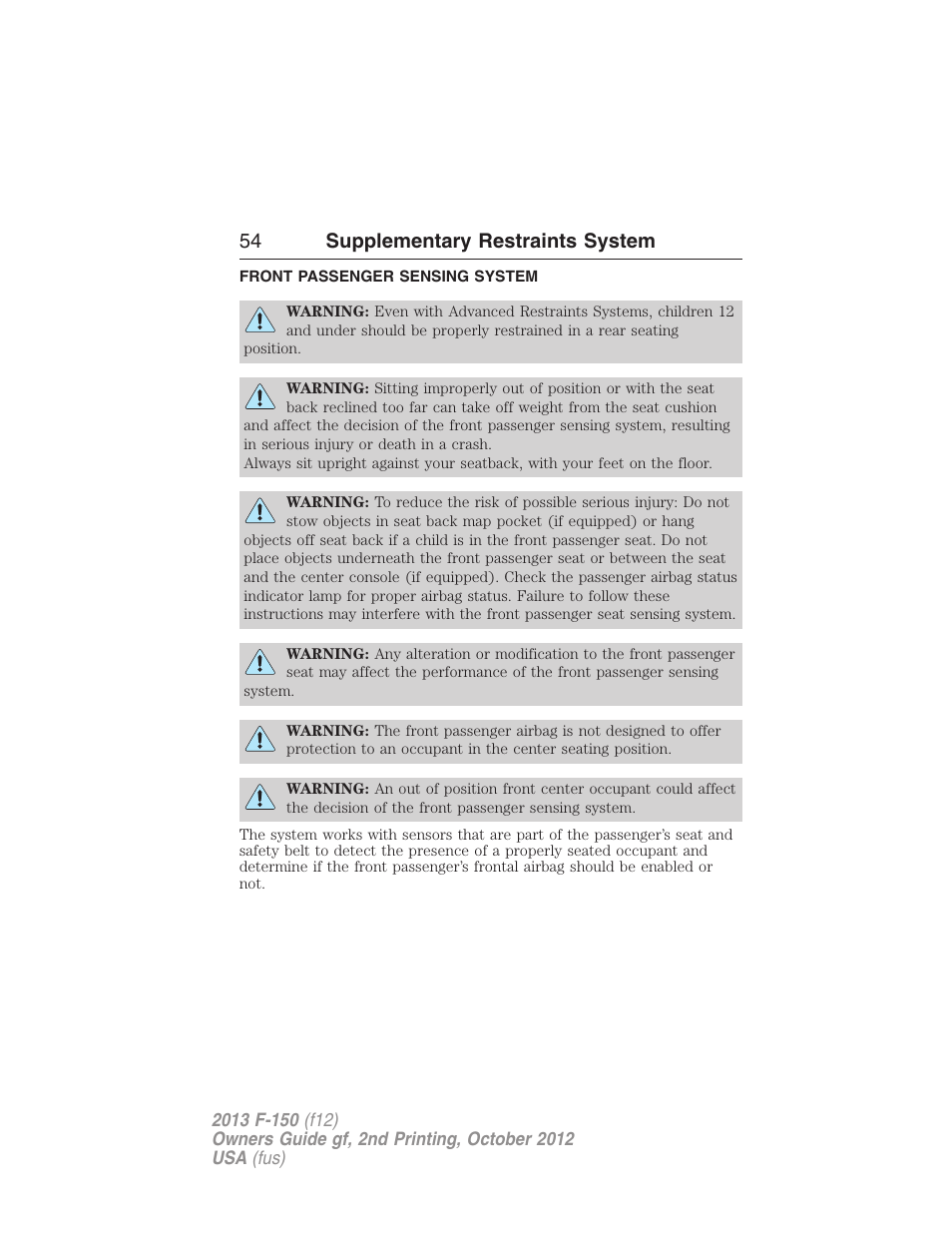 Front passenger sensing system, 54 supplementary restraints system | FORD 2013 F-150 v.2 User Manual | Page 55 / 577