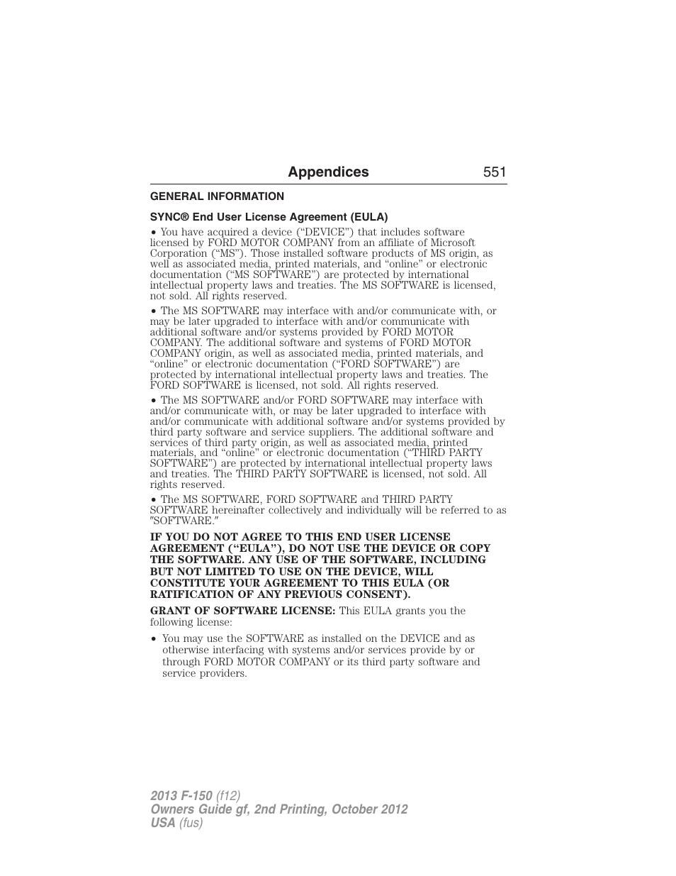 Appendices, General information, Sync® end user license agreement (eula) | Appendices 551 | FORD 2013 F-150 v.2 User Manual | Page 552 / 577
