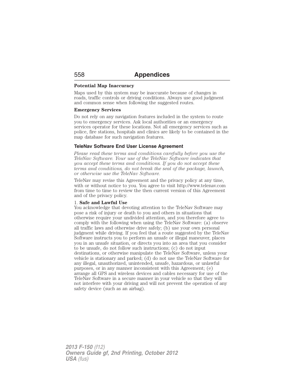 Telenav software end user license agreement, 558 appendices | FORD 2013 F-150 v.2 User Manual | Page 559 / 577