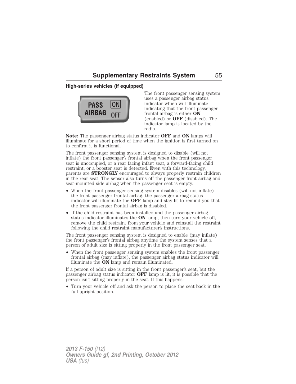 High-series vehicles (if equipped), Supplementary restraints system 55 | FORD 2013 F-150 v.2 User Manual | Page 56 / 577