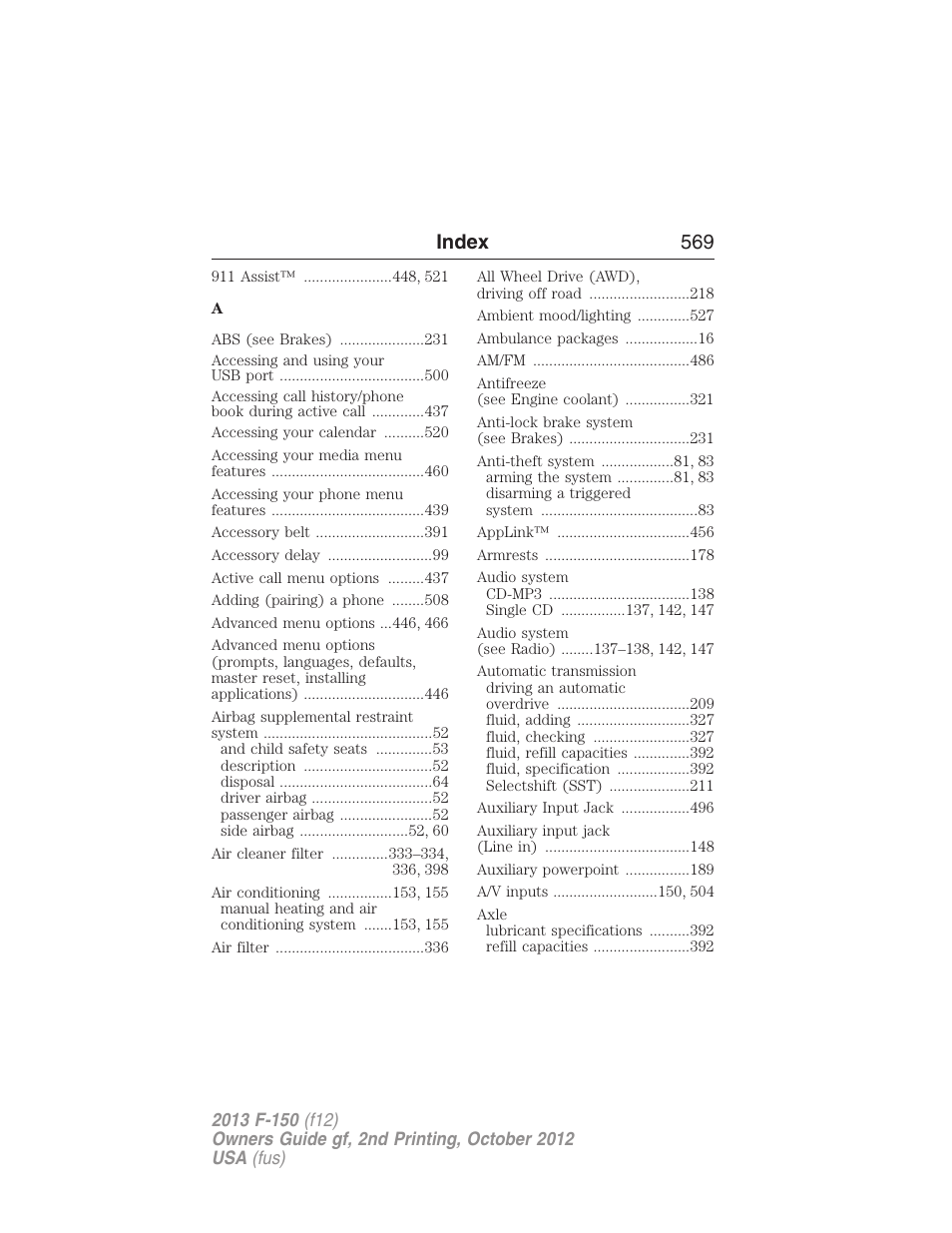 Index, Index 569 | FORD 2013 F-150 v.2 User Manual | Page 570 / 577