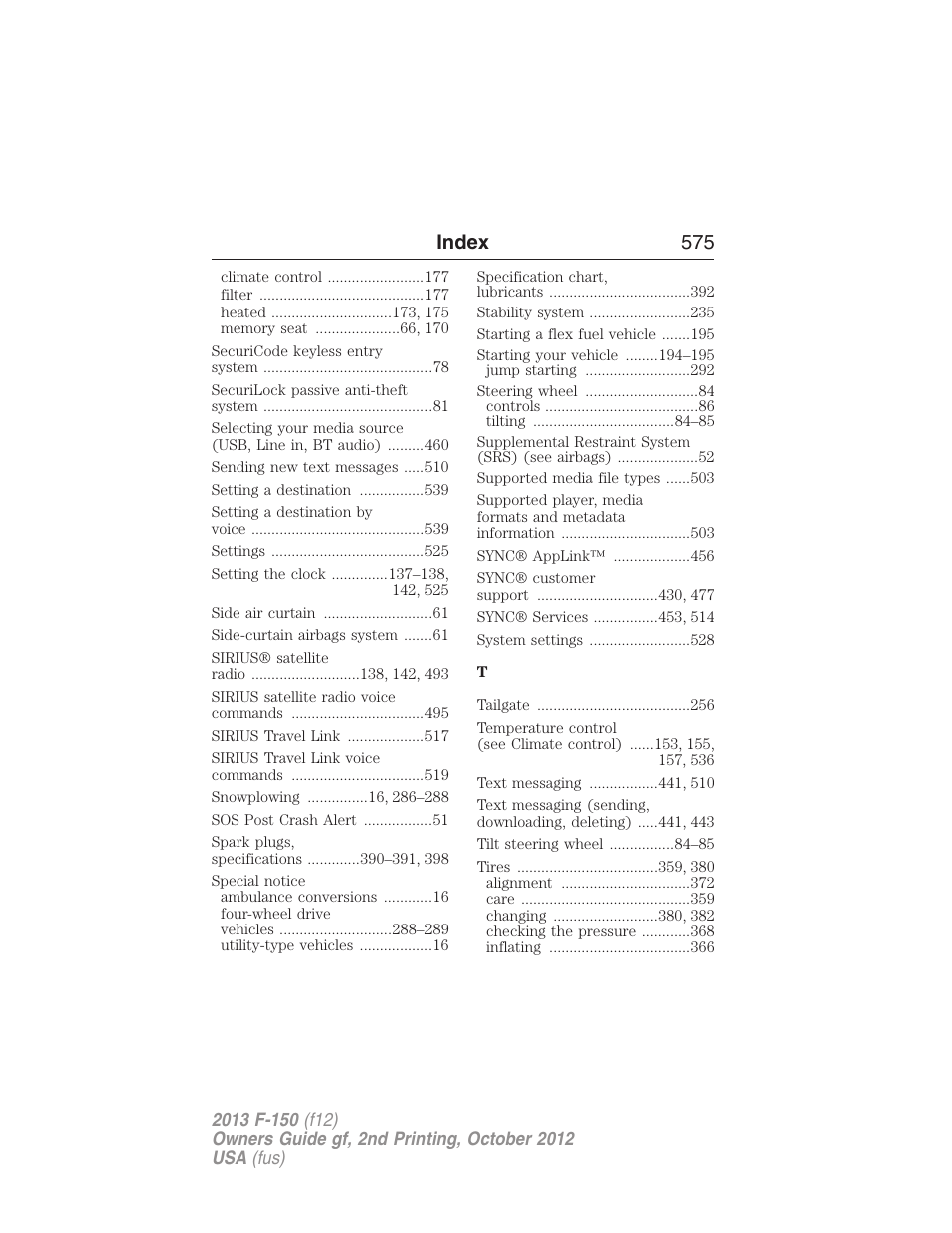 Index 575 | FORD 2013 F-150 v.2 User Manual | Page 576 / 577