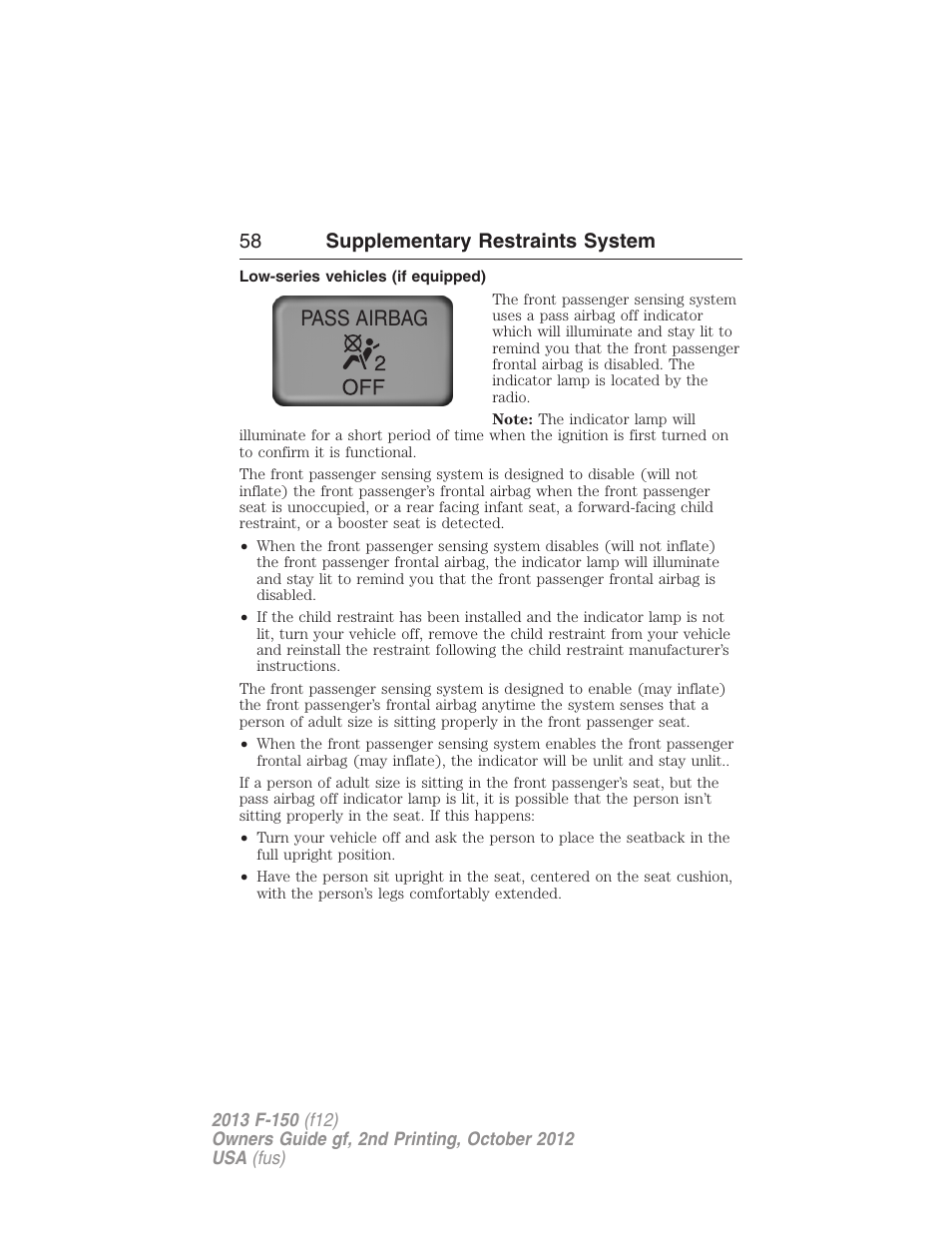 Low-series vehicles (if equipped), Pass airbag, 58 supplementary restraints system | FORD 2013 F-150 v.2 User Manual | Page 59 / 577