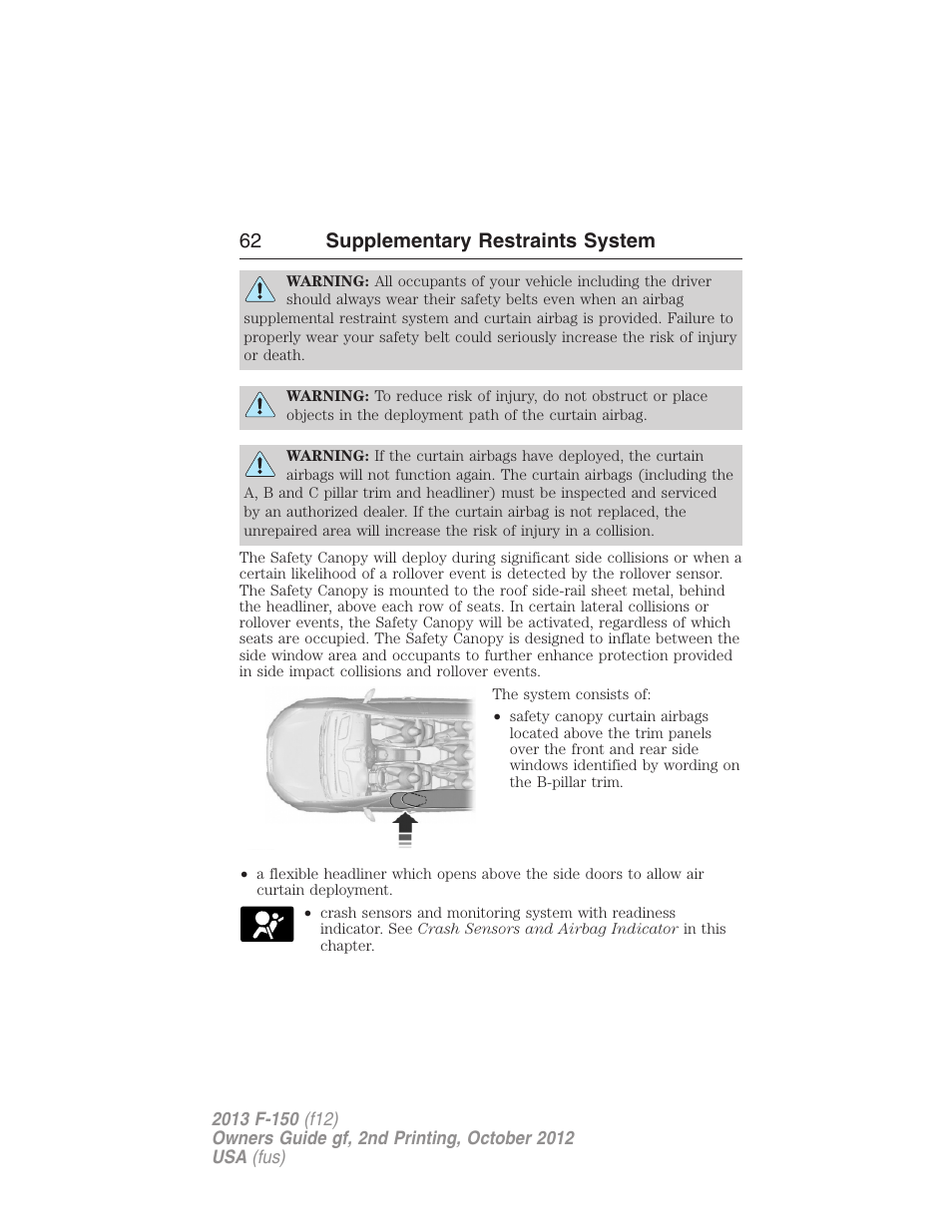 62 supplementary restraints system | FORD 2013 F-150 v.2 User Manual | Page 63 / 577