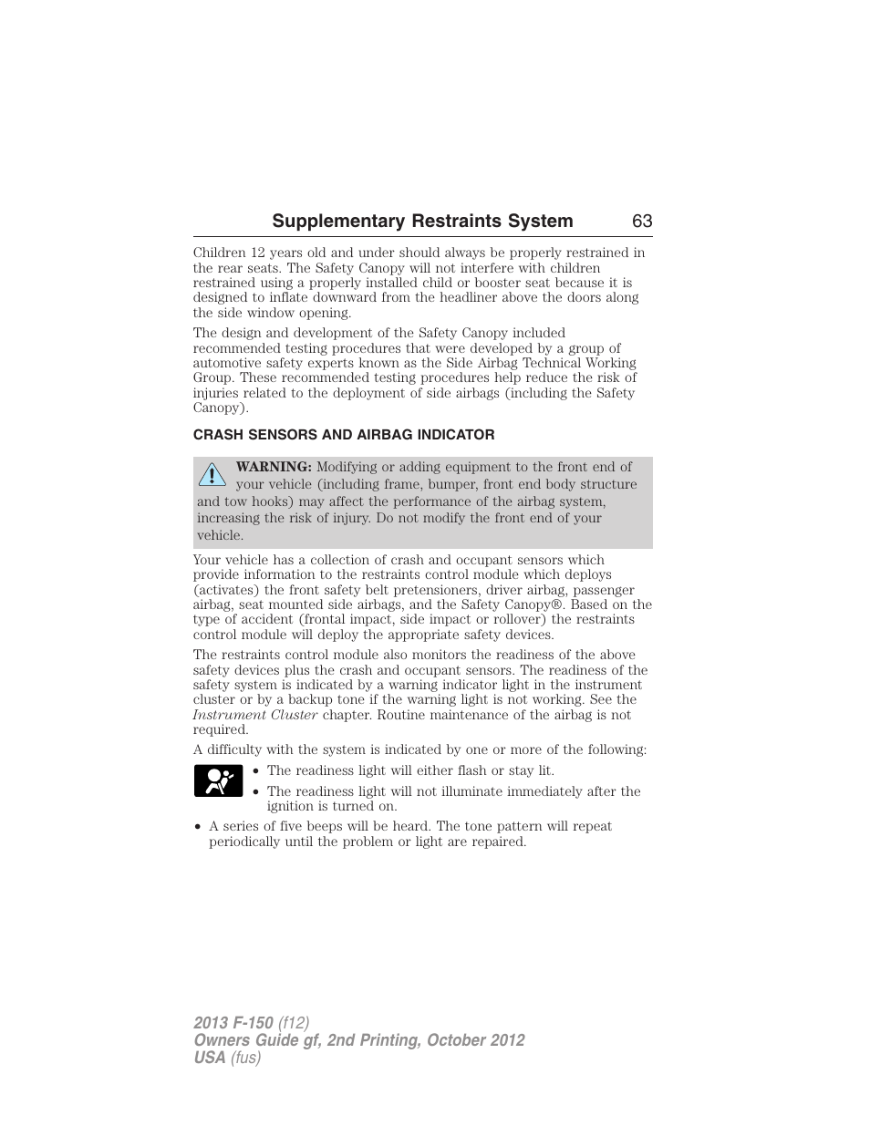 Crash sensors and airbag indicator, Supplementary restraints system 63 | FORD 2013 F-150 v.2 User Manual | Page 64 / 577