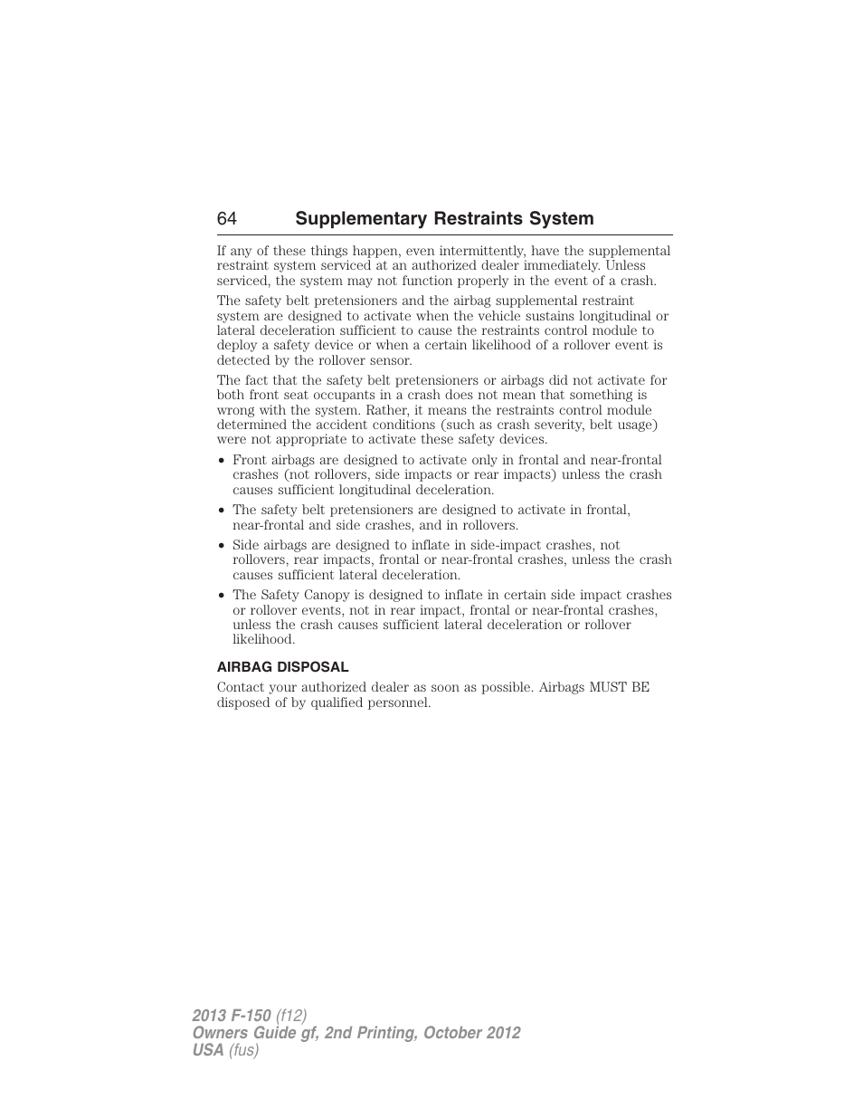 Airbag disposal, 64 supplementary restraints system | FORD 2013 F-150 v.2 User Manual | Page 65 / 577