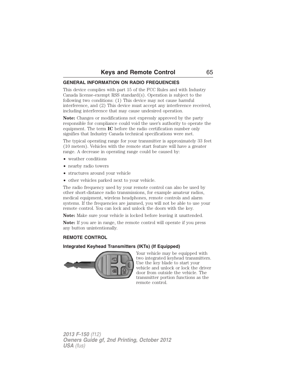 Keys and remote control, General information on radio frequencies, Remote control | Keys, Keys and remote control 65 | FORD 2013 F-150 v.2 User Manual | Page 66 / 577