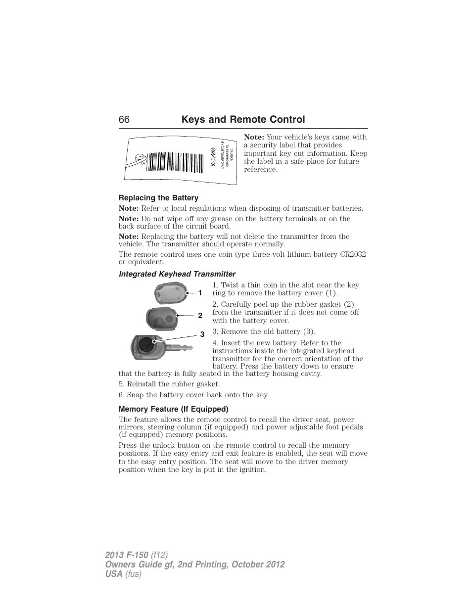 Replacing the battery, Integrated keyhead transmitter, Memory feature (if equipped) | 66 keys and remote control | FORD 2013 F-150 v.2 User Manual | Page 67 / 577