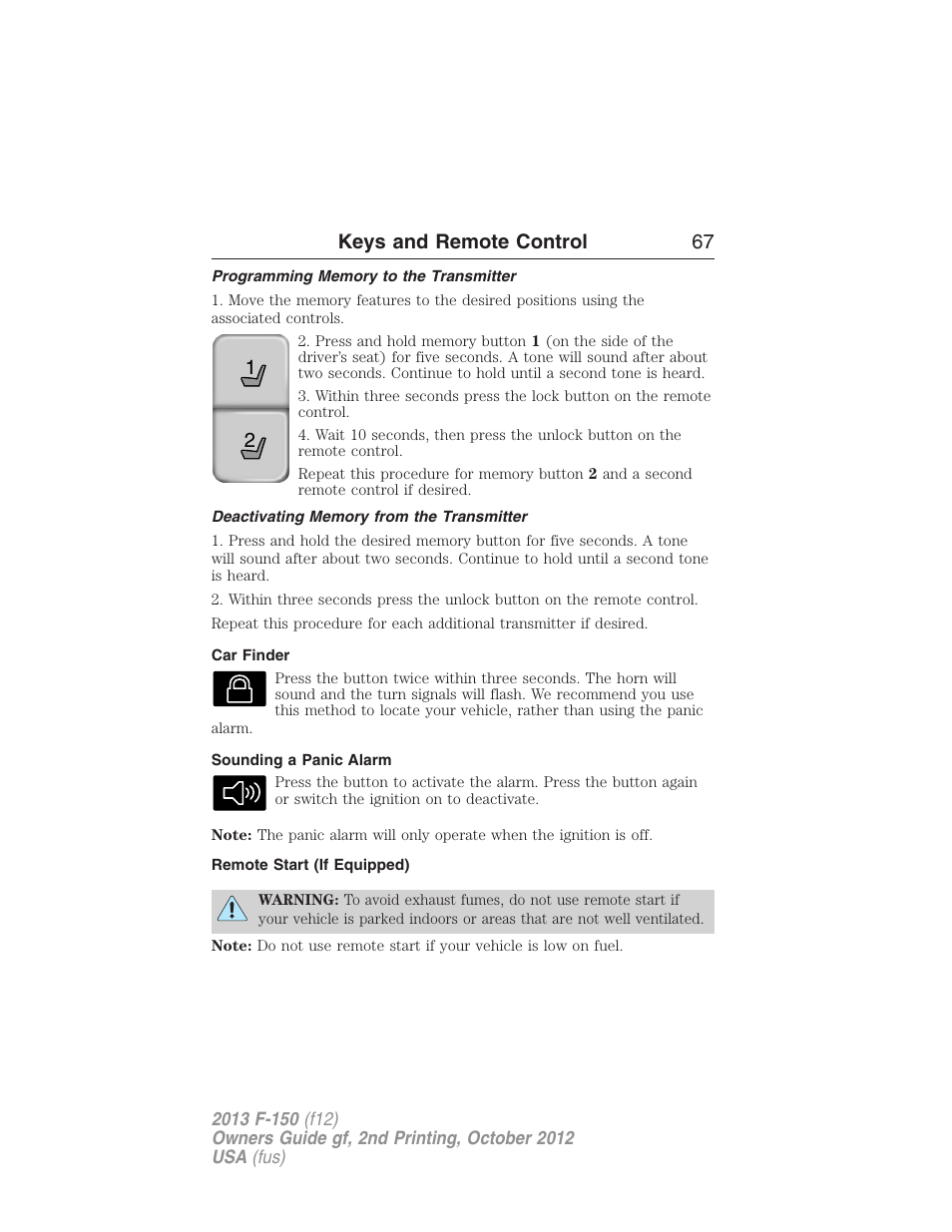 Programming memory to the transmitter, Deactivating memory from the transmitter, Car finder | Sounding a panic alarm, Remote start (if equipped), 21 keys and remote control 67 | FORD 2013 F-150 v.2 User Manual | Page 68 / 577