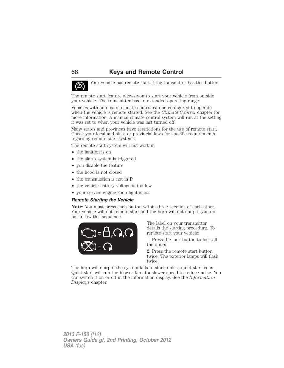 Remote starting the vehicle, 68 keys and remote control | FORD 2013 F-150 v.2 User Manual | Page 69 / 577