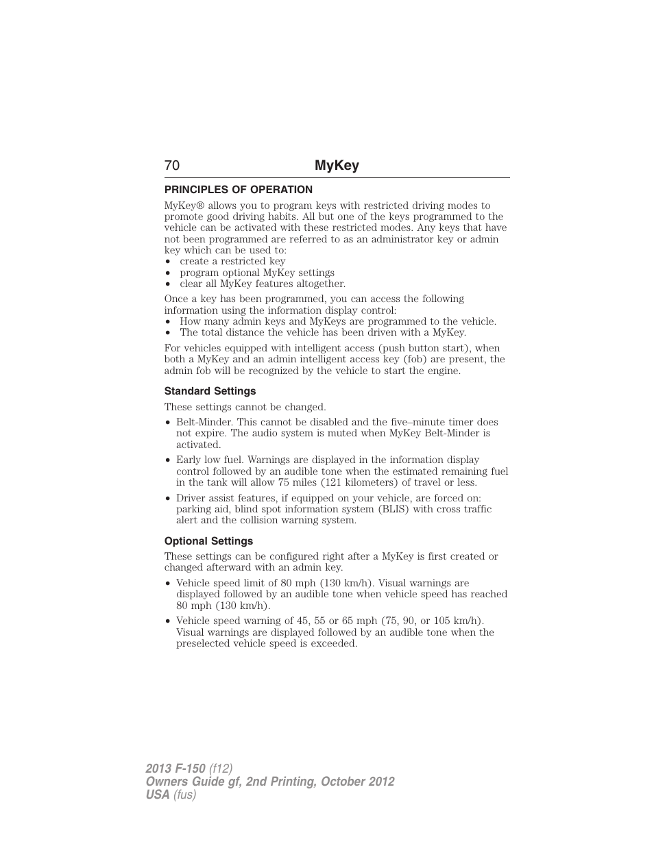 Mykey, Principles of operation, Standard settings | Optional settings, Settings, mykey, 70 mykey | FORD 2013 F-150 v.2 User Manual | Page 71 / 577