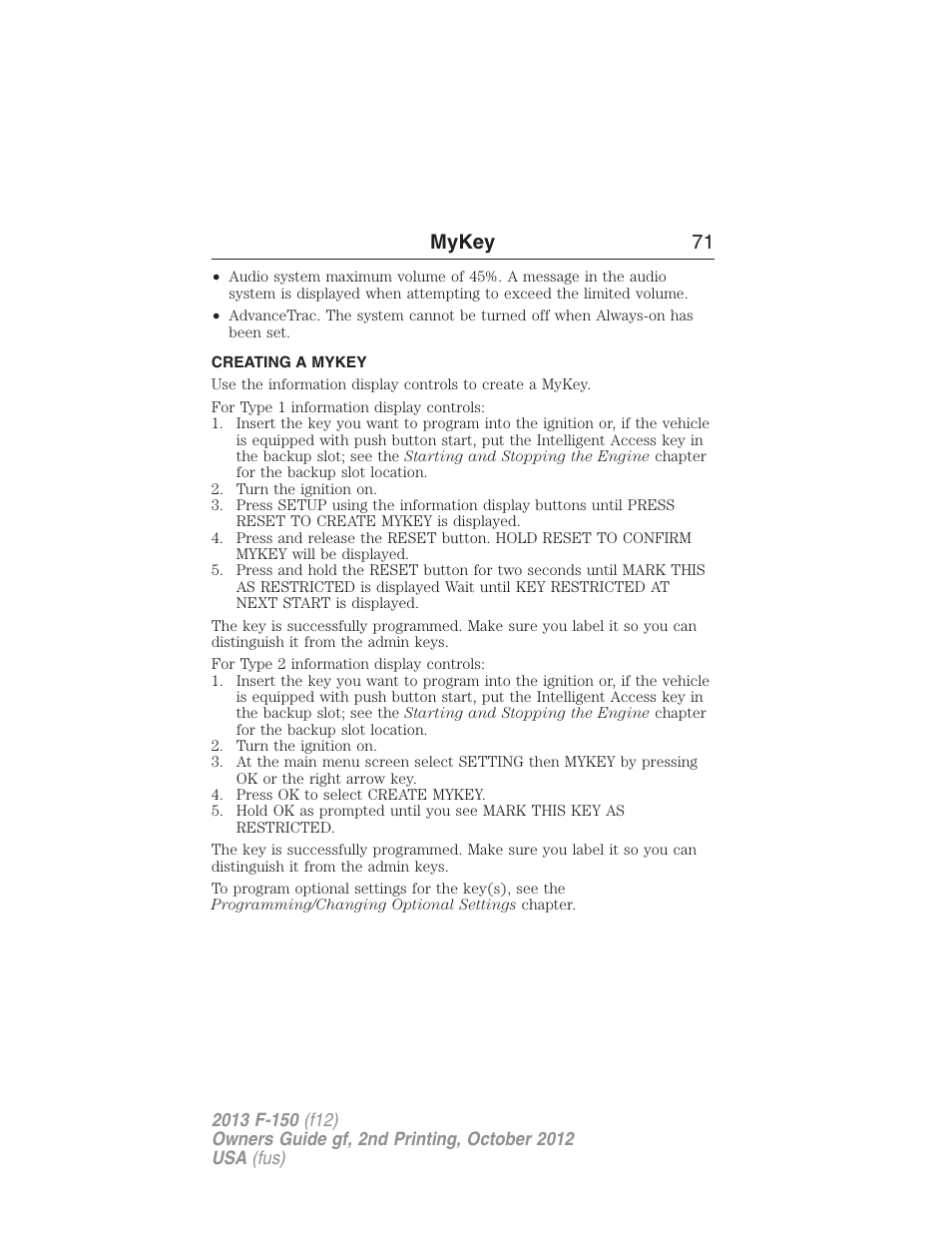 Creating a mykey, Creating, Mykey 71 | FORD 2013 F-150 v.2 User Manual | Page 72 / 577