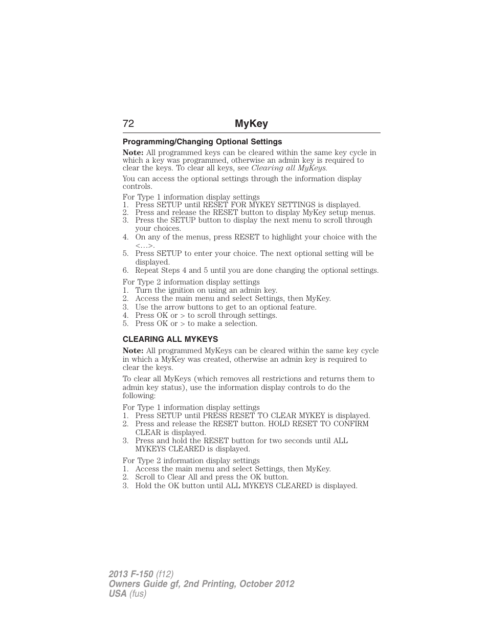 Programming/changing optional settings, Clearing all mykeys, Clearing | 72 mykey | FORD 2013 F-150 v.2 User Manual | Page 73 / 577