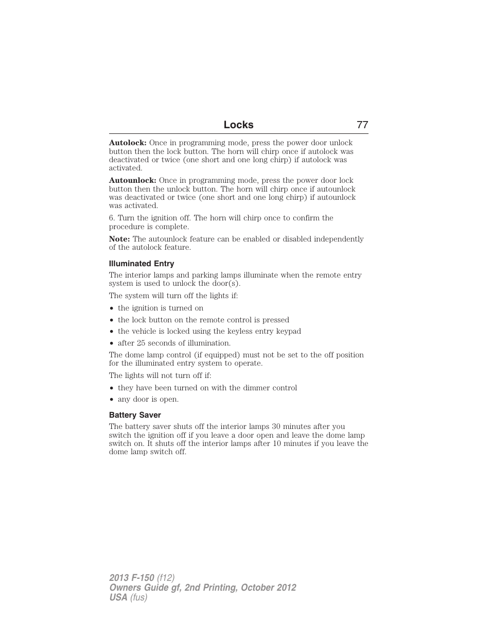 Illuminated entry, Battery saver, Locks 77 | FORD 2013 F-150 v.2 User Manual | Page 78 / 577