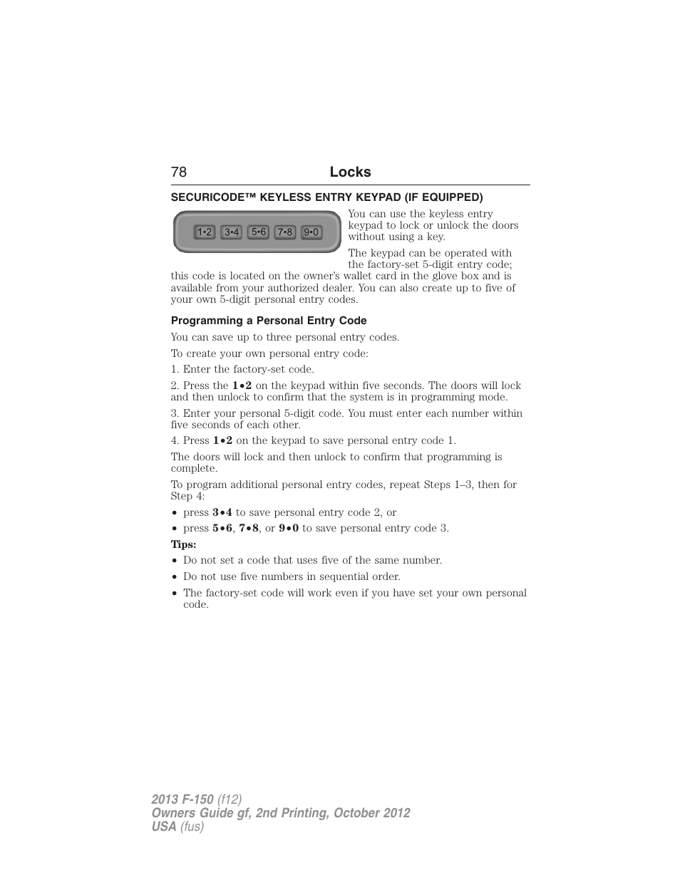 Securicode™ keyless entry keypad (if equipped), Programming a personal entry code, Securicode™ keyless entry keypad | 78 locks | FORD 2013 F-150 v.2 User Manual | Page 79 / 577