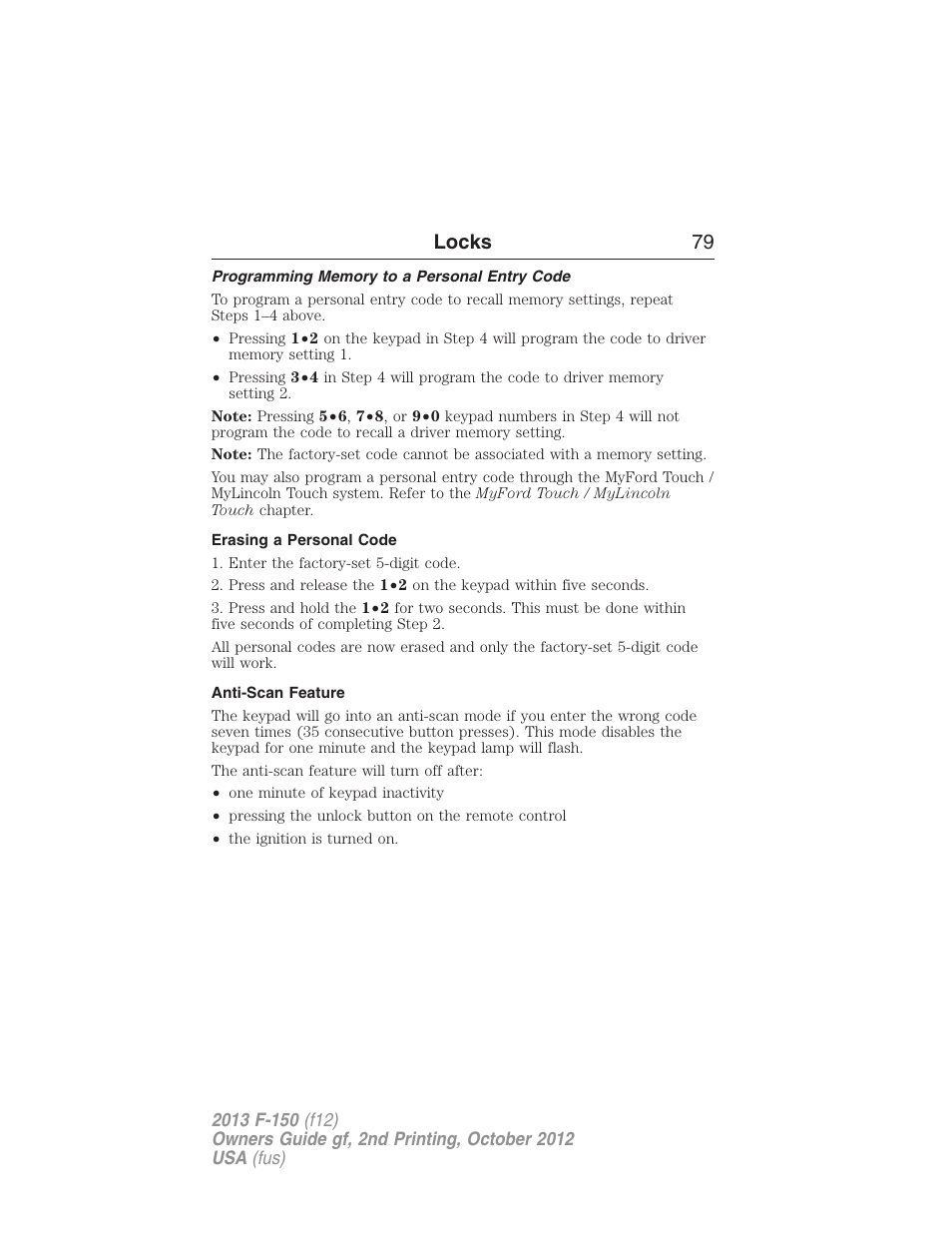 Programming memory to a personal entry code, Erasing a personal code, Anti-scan feature | Locks 79 | FORD 2013 F-150 v.2 User Manual | Page 80 / 577