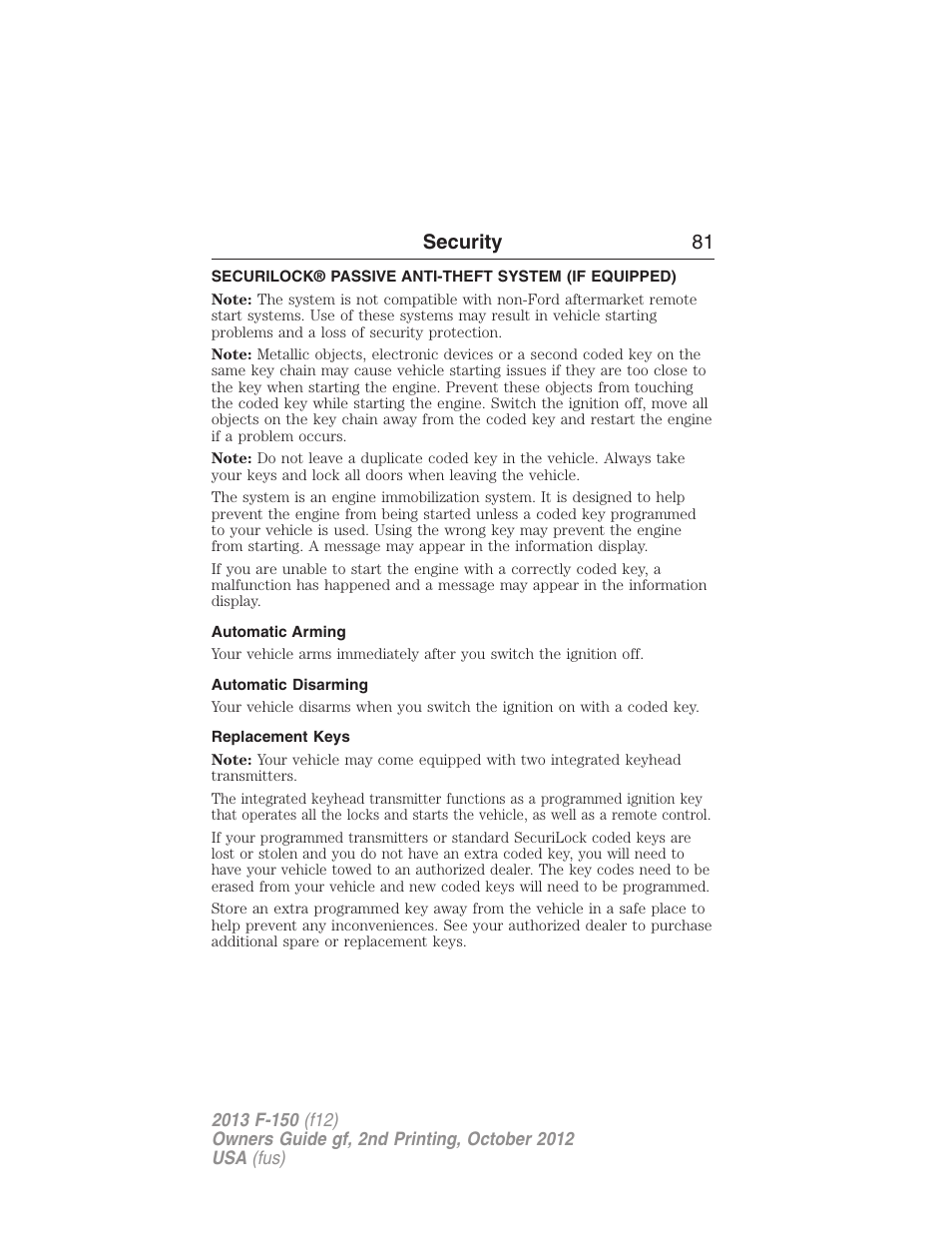 Security, Automatic arming, Automatic disarming | Replacement keys, Securilock® passive anti-theft system, Security 81 | FORD 2013 F-150 v.2 User Manual | Page 82 / 577