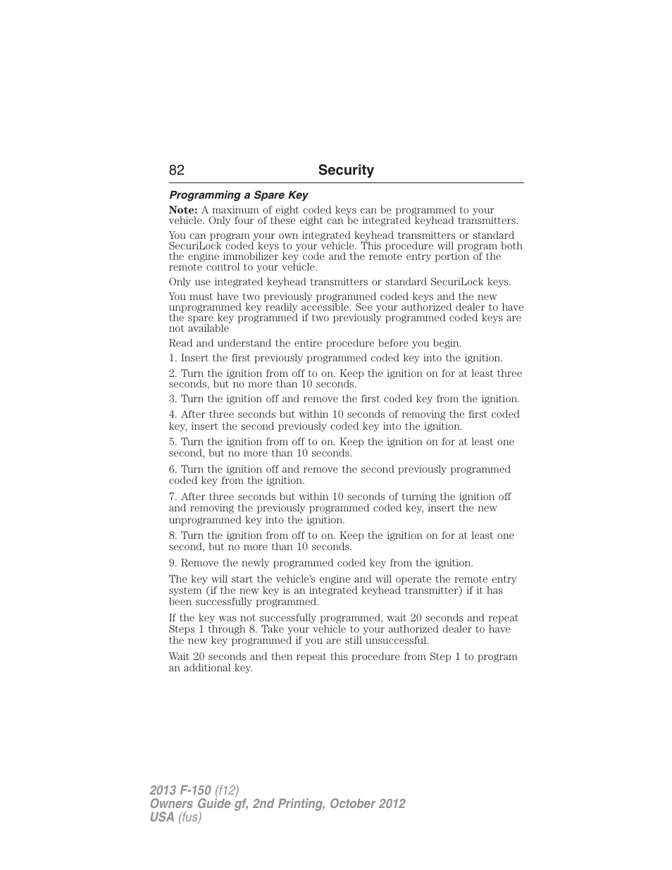 Programming a spare key, 82 security | FORD 2013 F-150 v.2 User Manual | Page 83 / 577