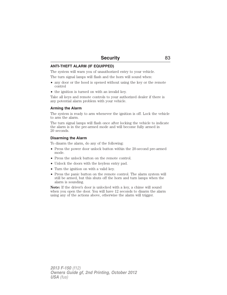 Anti-theft alarm (if equipped), Arming the alarm, Disarming the alarm | Anti-theft alarm, Security 83 | FORD 2013 F-150 v.2 User Manual | Page 84 / 577