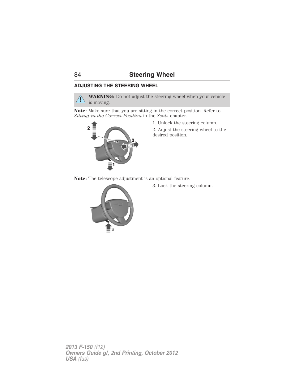 Steering wheel, Adjusting the steering wheel, 84 steering wheel | FORD 2013 F-150 v.2 User Manual | Page 85 / 577