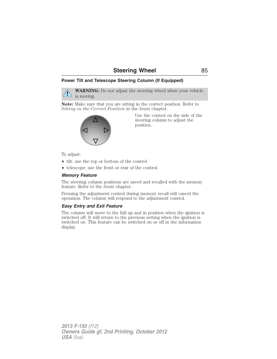 Memory feature, Easy entry and exit feature, Steering wheel 85 | FORD 2013 F-150 v.2 User Manual | Page 86 / 577