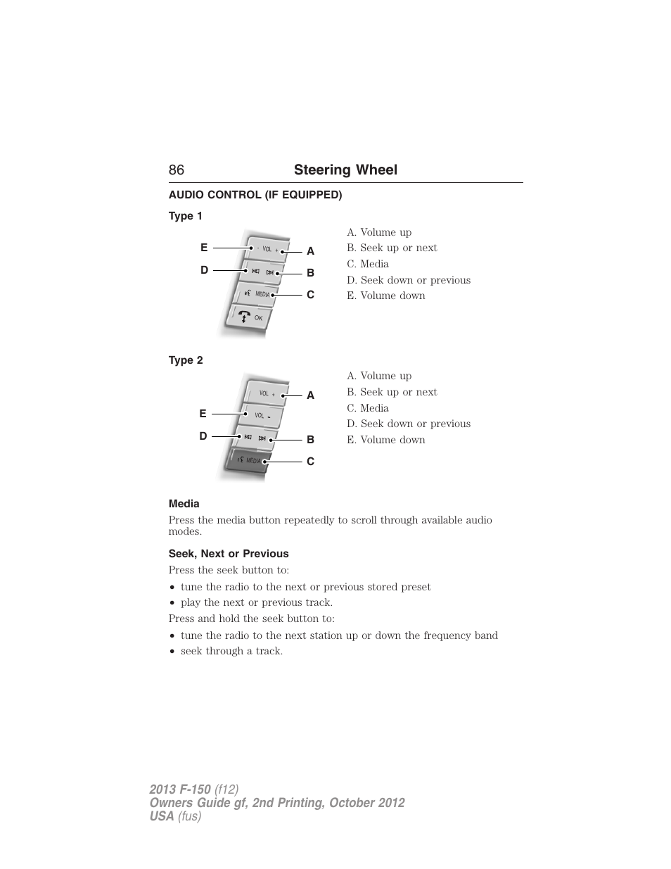 Audio control (if equipped), Type 1, Type 2 | Media, Seek, next or previous, Steering wheel controls, 86 steering wheel | FORD 2013 F-150 v.2 User Manual | Page 87 / 577