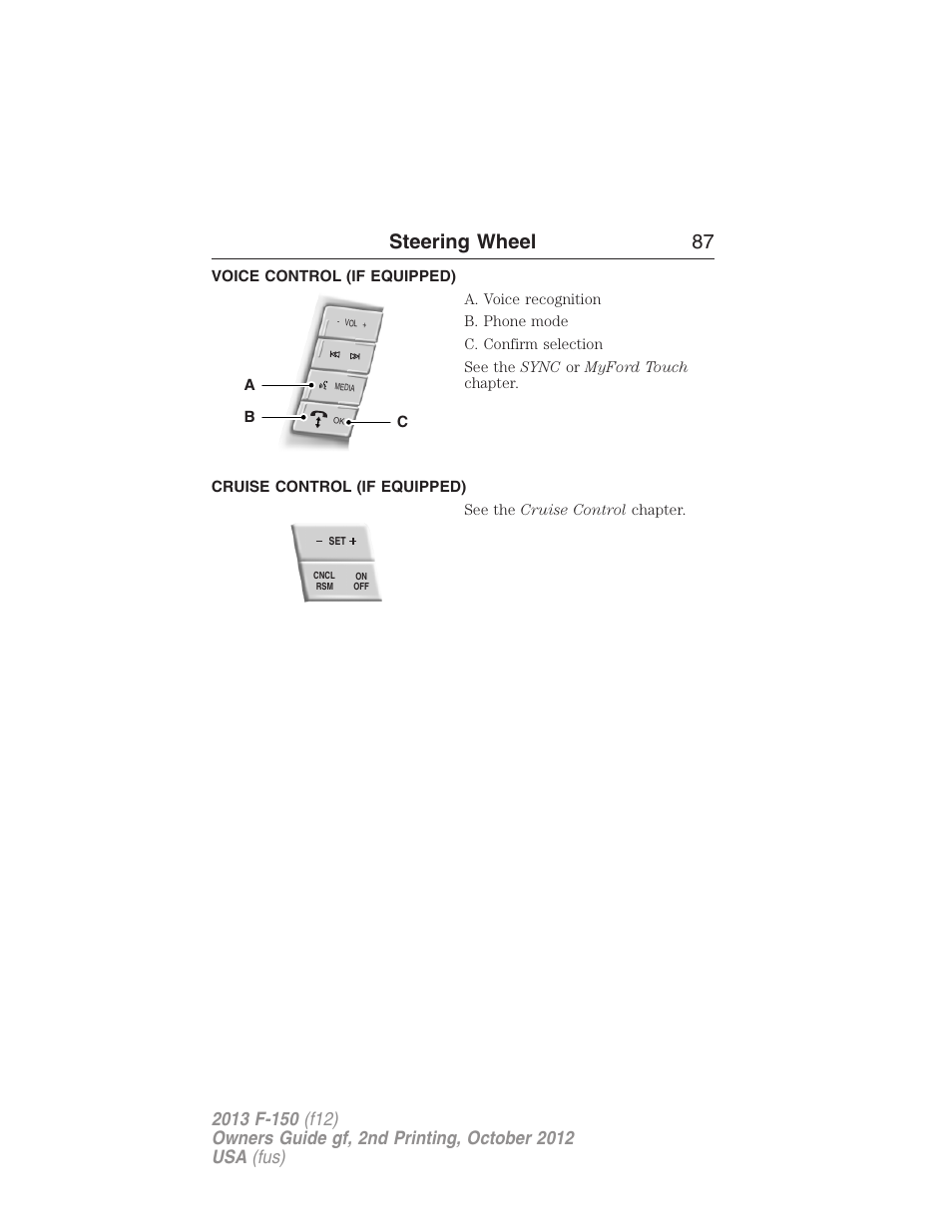 Voice control (if equipped), Cruise control (if equipped), Steering wheel 87 | FORD 2013 F-150 v.2 User Manual | Page 88 / 577