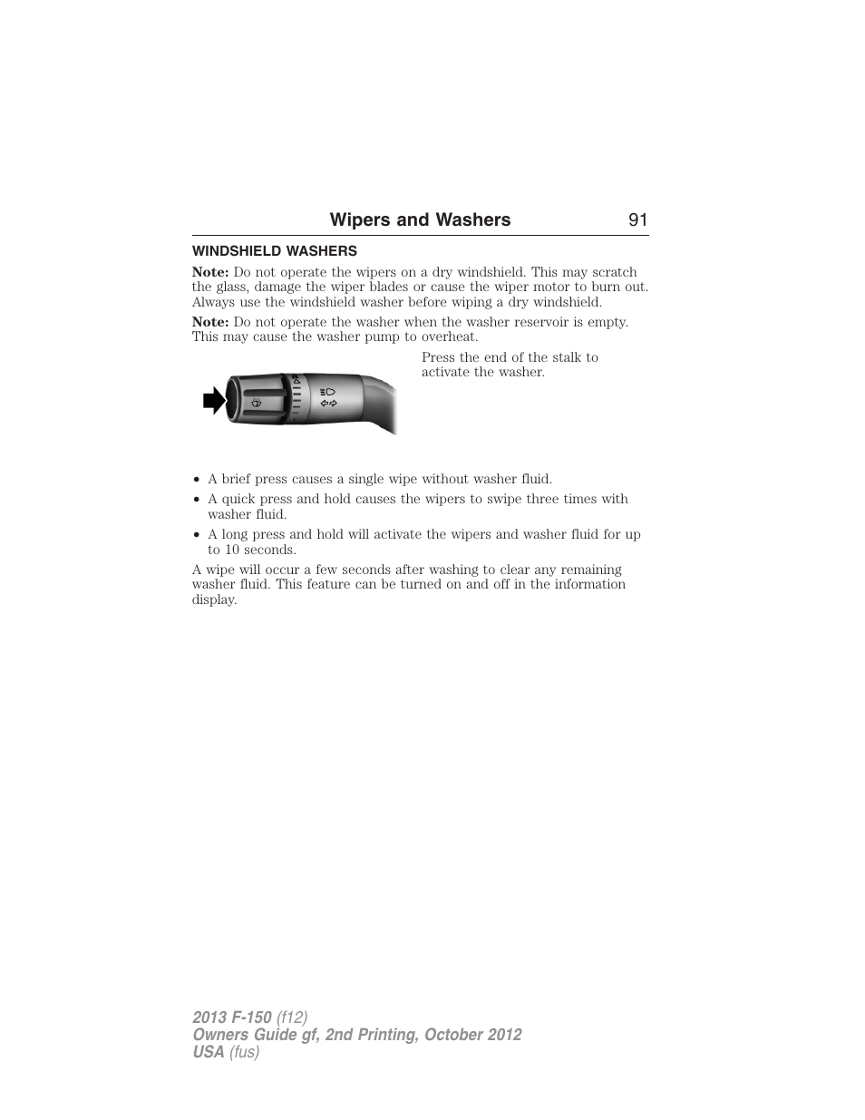 Windshield washers, Wipers and washers 91 | FORD 2013 F-150 v.2 User Manual | Page 92 / 577