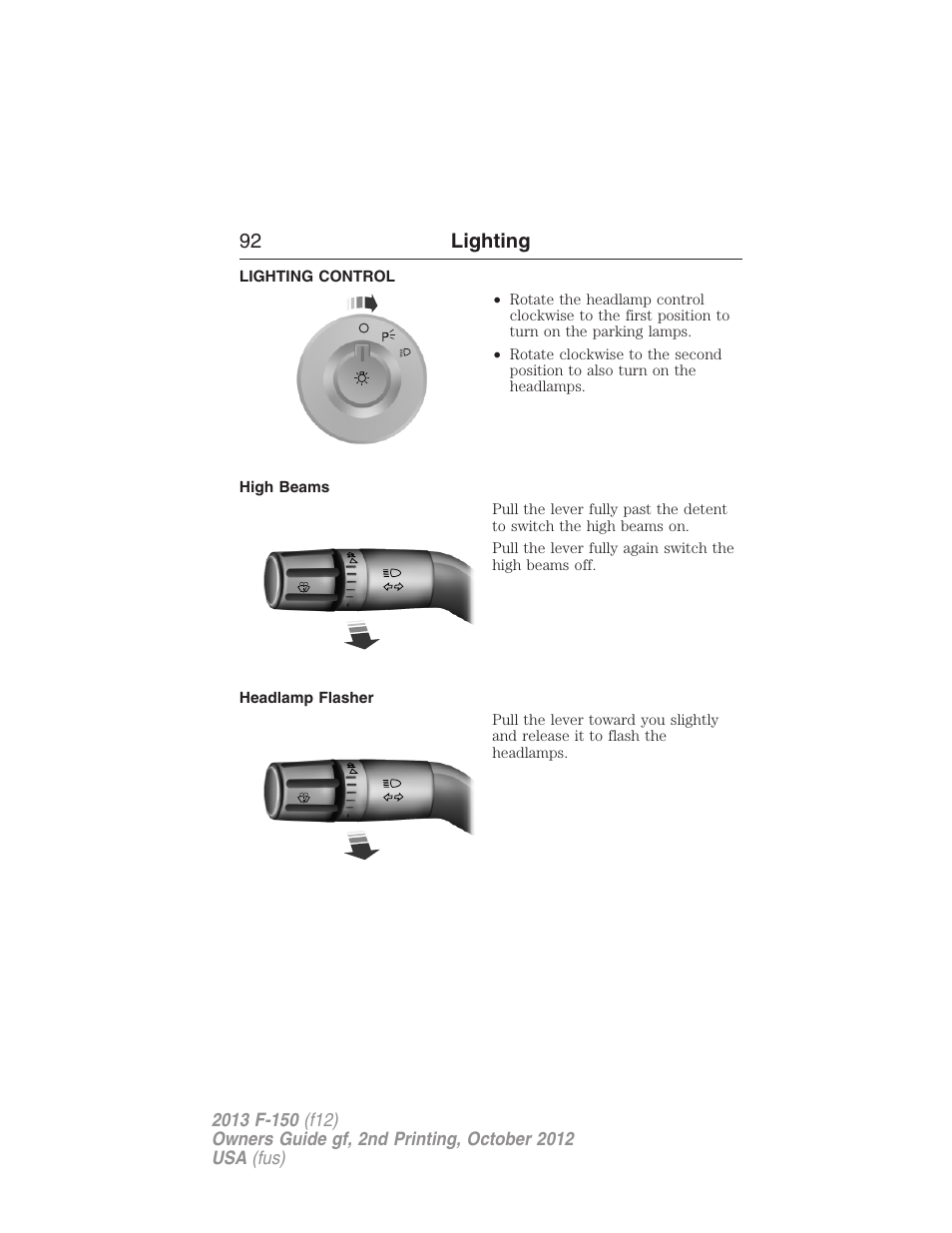 Lighting, Lighting control, High beams | Headlamp flasher, 92 lighting | FORD 2013 F-150 v.2 User Manual | Page 93 / 577