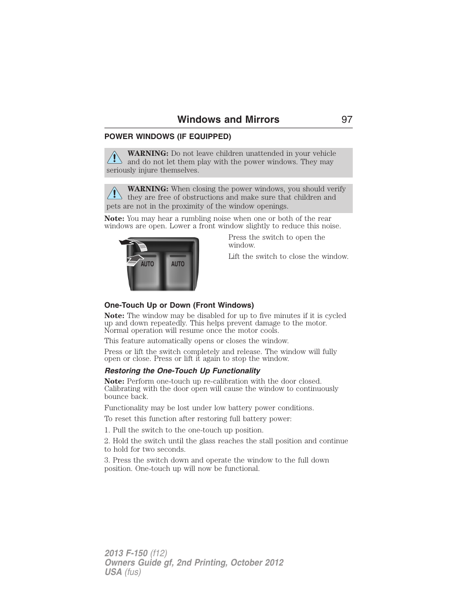 Windows and mirrors, Power windows (if equipped), One-touch up or down (front windows) | Restoring the one-touch up functionality, Power windows, Windows and mirrors 97 | FORD 2013 F-150 v.2 User Manual | Page 98 / 577