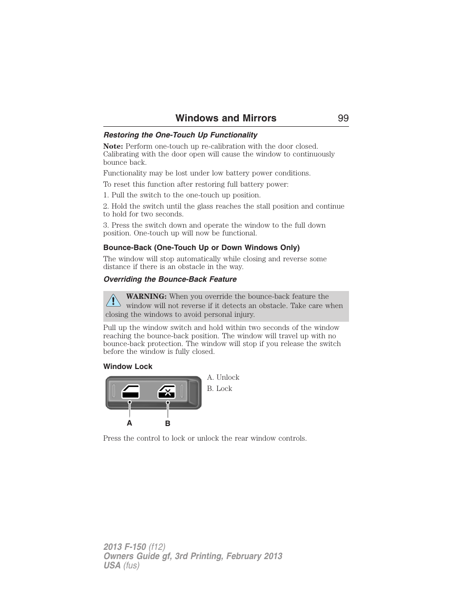 Restoring the one-touch up functionality, Bounce-back (one-touch up or down windows only), Overriding the bounce-back feature | Window lock, Windows and mirrors 99 | FORD 2013 F-150 v.3 User Manual | Page 100 / 592