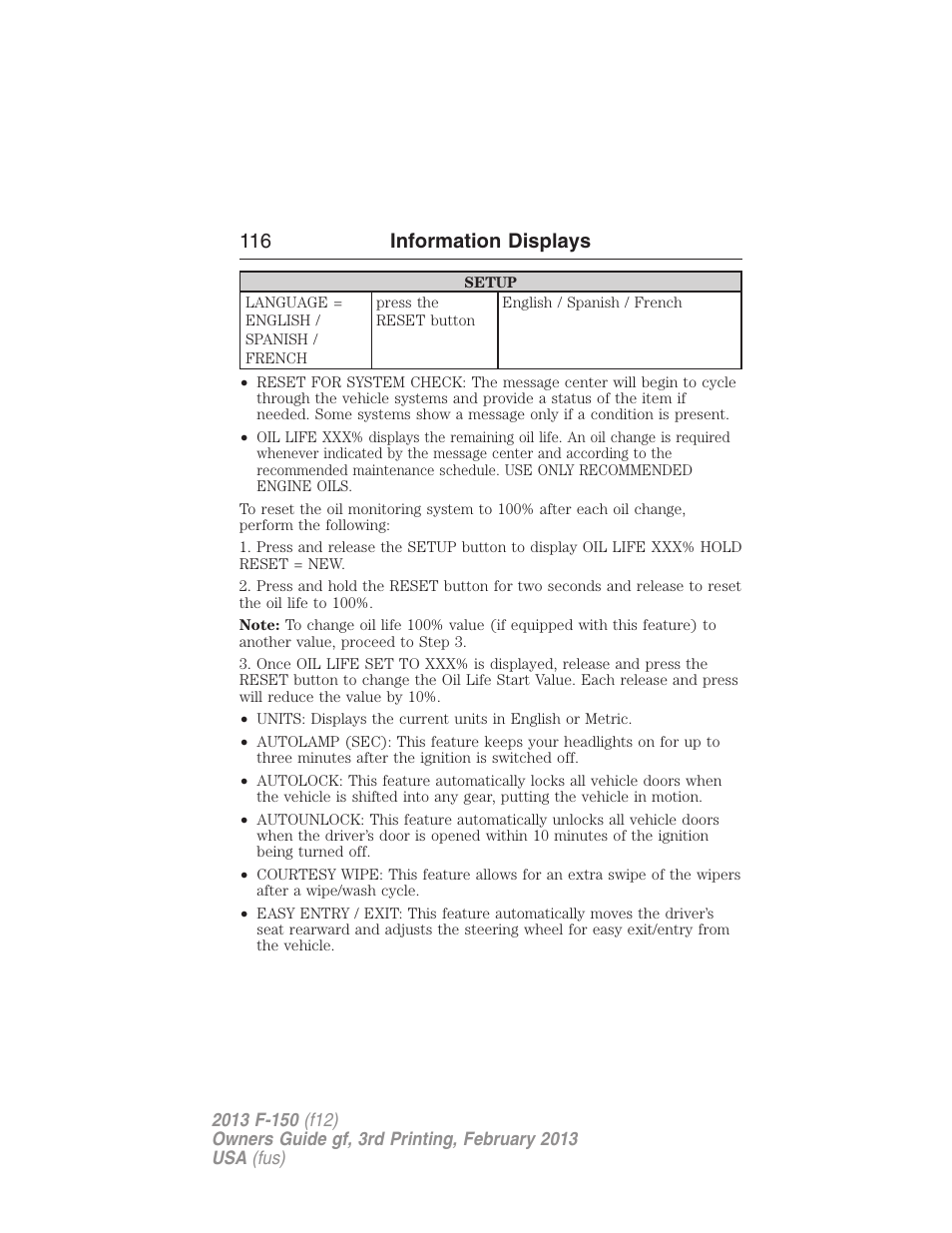 116 information displays | FORD 2013 F-150 v.3 User Manual | Page 117 / 592