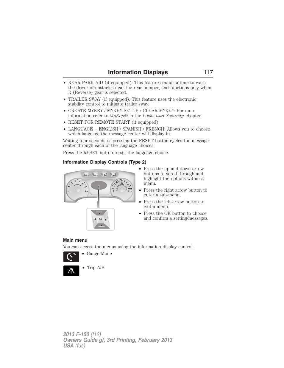 Information display controls (type 2), Main menu, Information displays 117 | FORD 2013 F-150 v.3 User Manual | Page 118 / 592