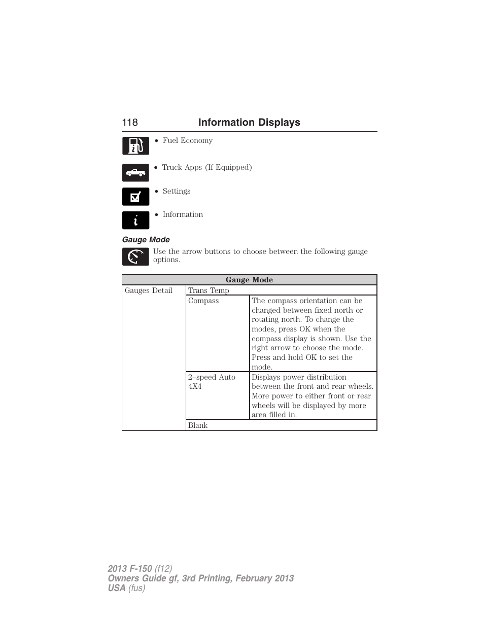 Gauge mode, 118 information displays | FORD 2013 F-150 v.3 User Manual | Page 119 / 592