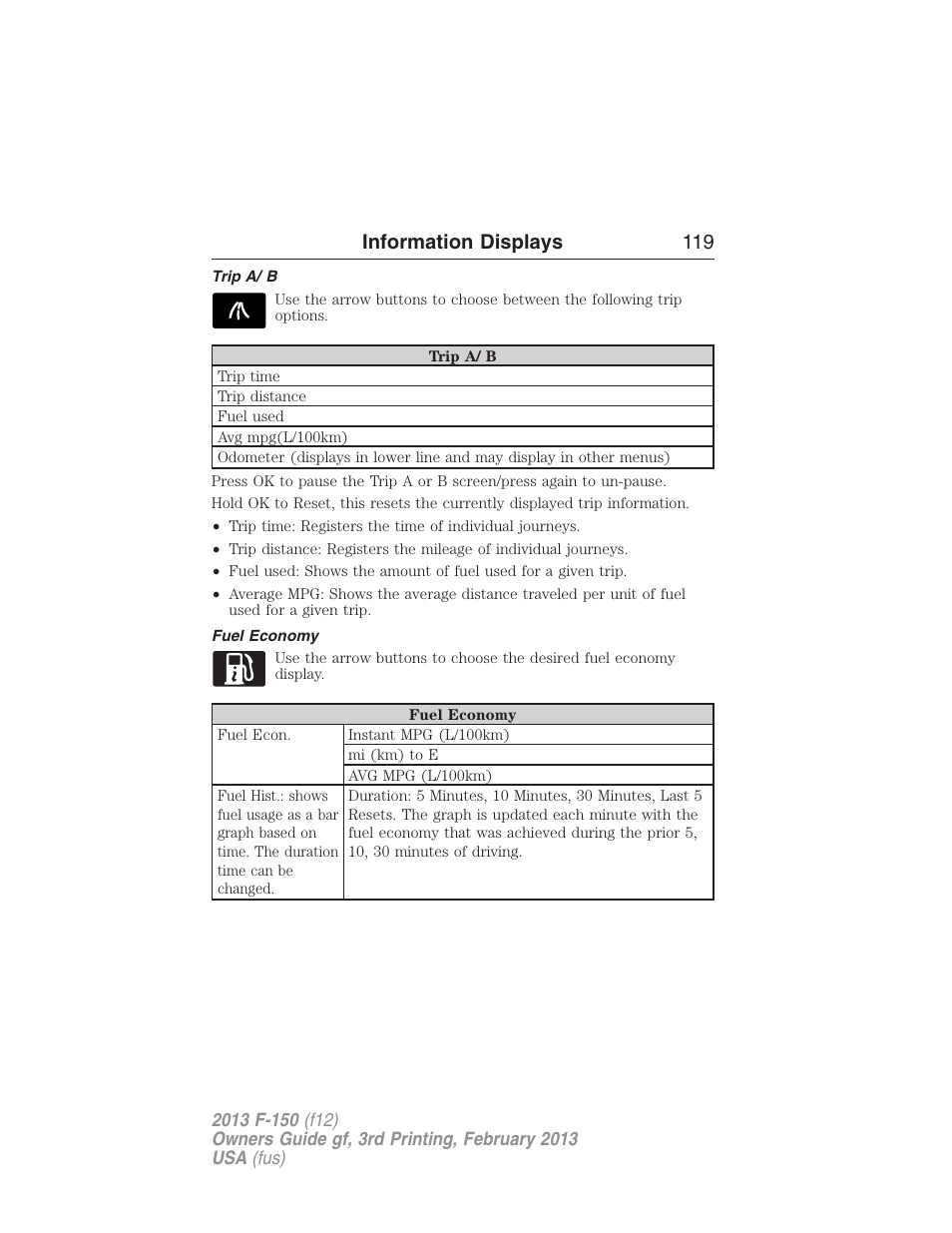 Trip a/ b, Fuel economy, Information displays 119 | FORD 2013 F-150 v.3 User Manual | Page 120 / 592