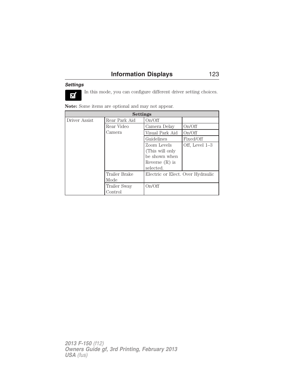 Settings, Information displays 123 | FORD 2013 F-150 v.3 User Manual | Page 124 / 592