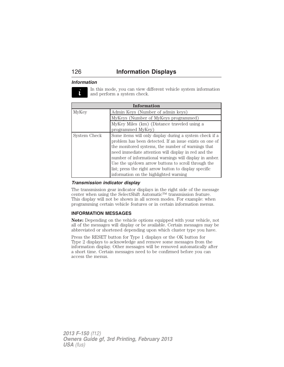 Information, Transmission indicator display, Information messages | 126 information displays | FORD 2013 F-150 v.3 User Manual | Page 127 / 592