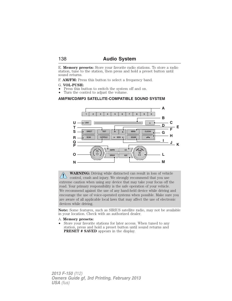 Am/fm/cd/mp3 satellite-compatible sound system, Am/fm stereo with cd/mp3, 138 audio system | FORD 2013 F-150 v.3 User Manual | Page 139 / 592