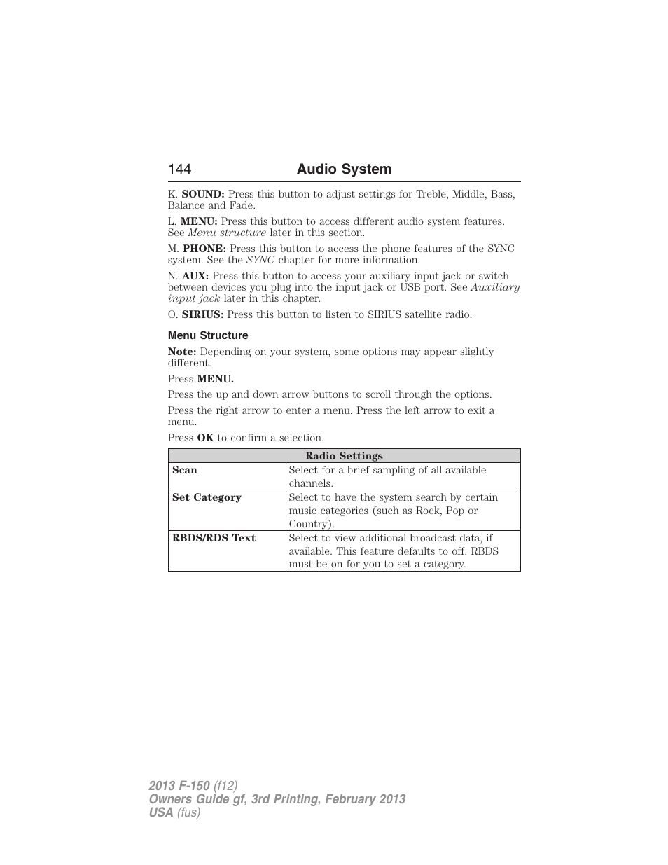 Menu structure, 144 audio system | FORD 2013 F-150 v.3 User Manual | Page 145 / 592