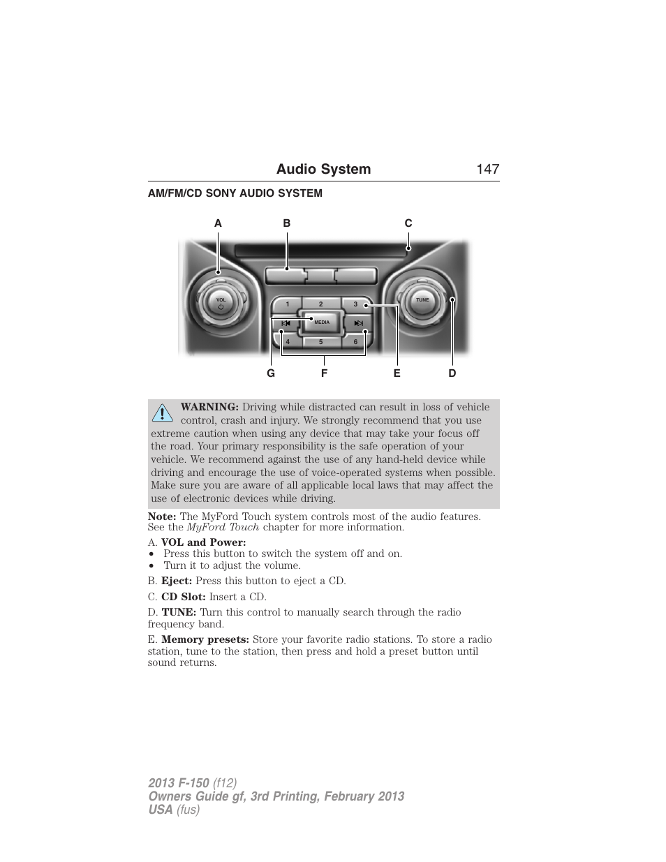 Am/fm/cd sony audio system, Audio system 147 | FORD 2013 F-150 v.3 User Manual | Page 148 / 592