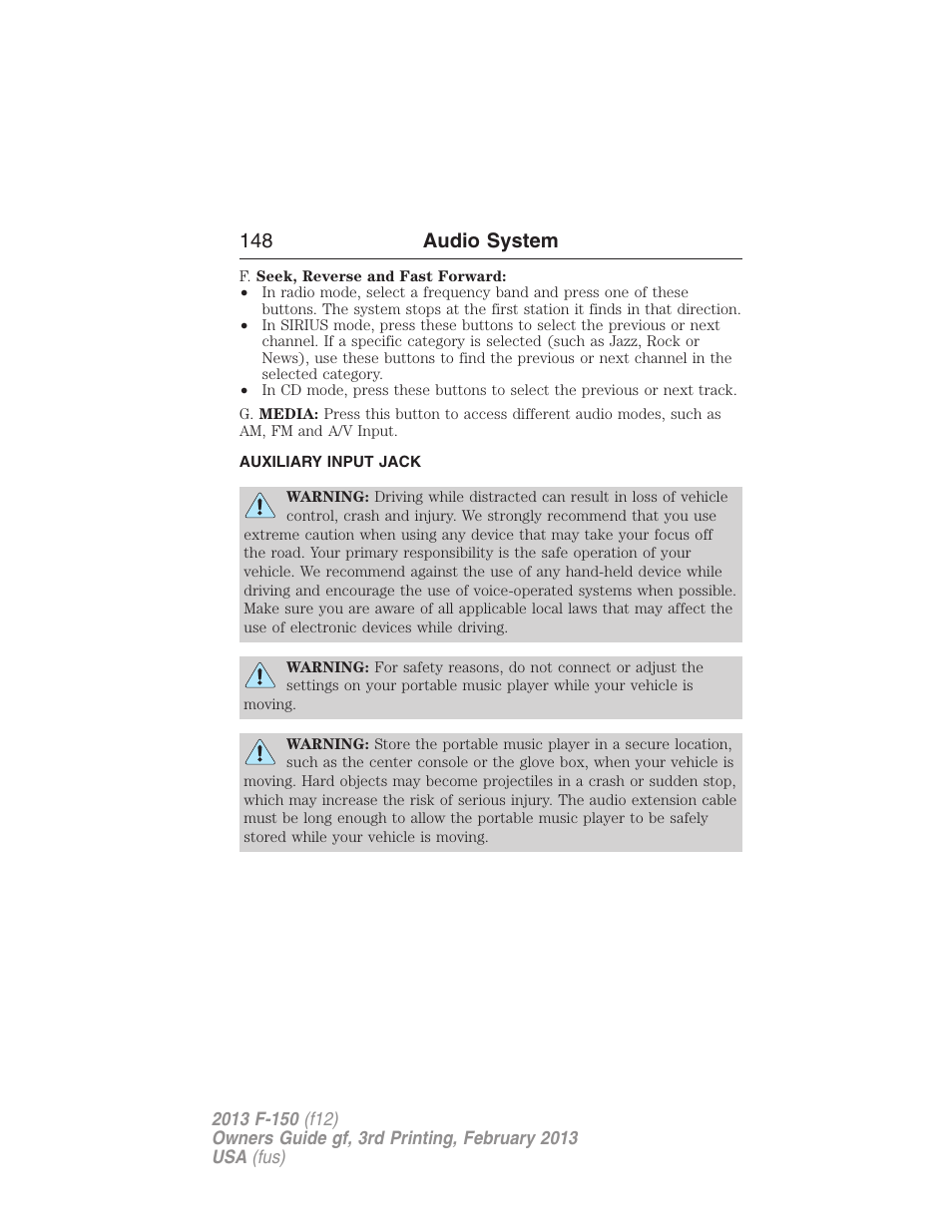 Auxiliary input jack, 148 audio system | FORD 2013 F-150 v.3 User Manual | Page 149 / 592