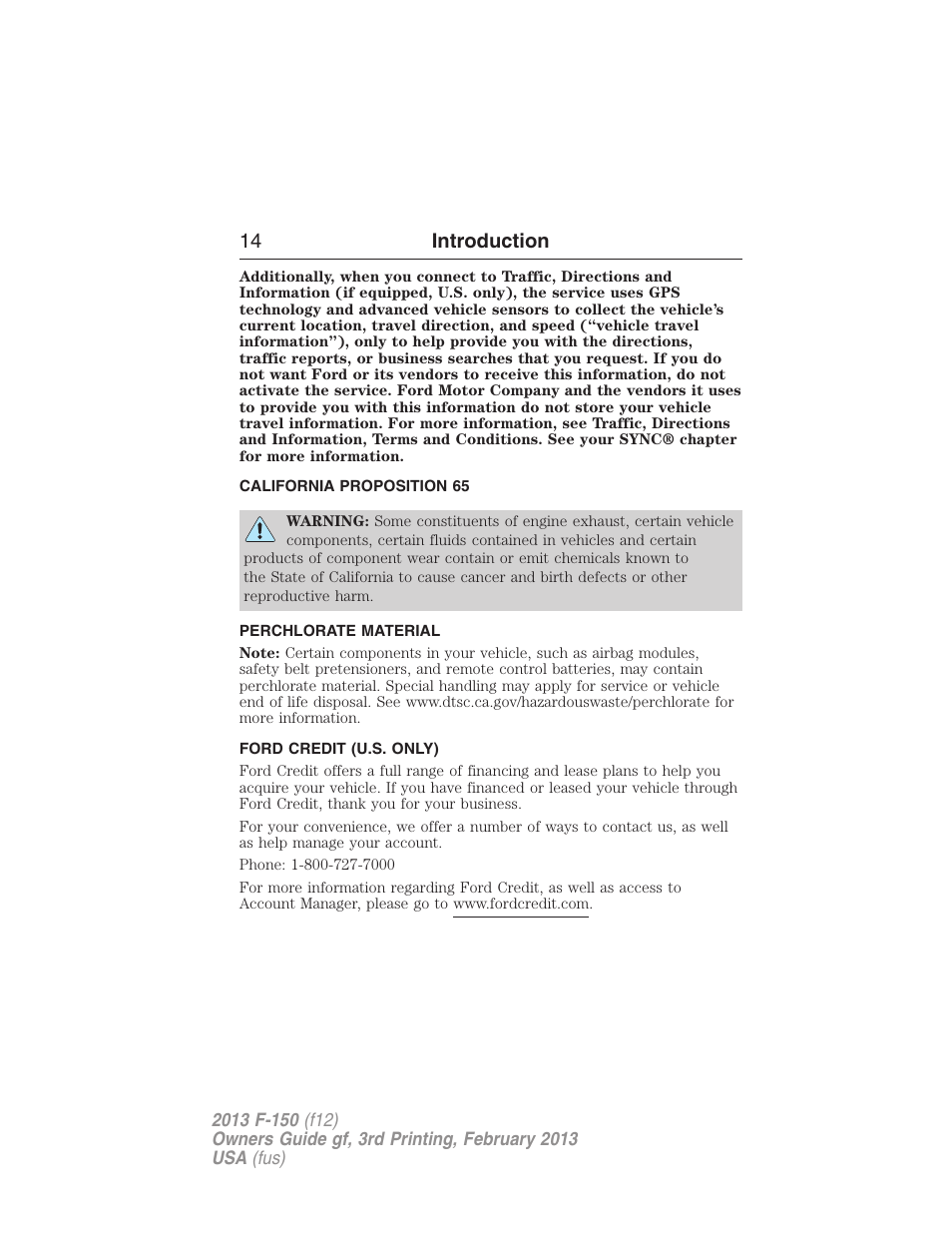 California proposition 65, Perchlorate material, Ford credit (u.s. only) | 14 introduction | FORD 2013 F-150 v.3 User Manual | Page 15 / 592