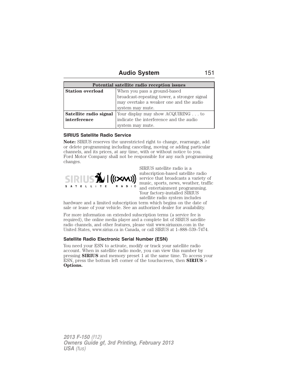 Sirius satellite radio service, Satellite radio electronic serial number (esn), Audio system 151 | FORD 2013 F-150 v.3 User Manual | Page 152 / 592