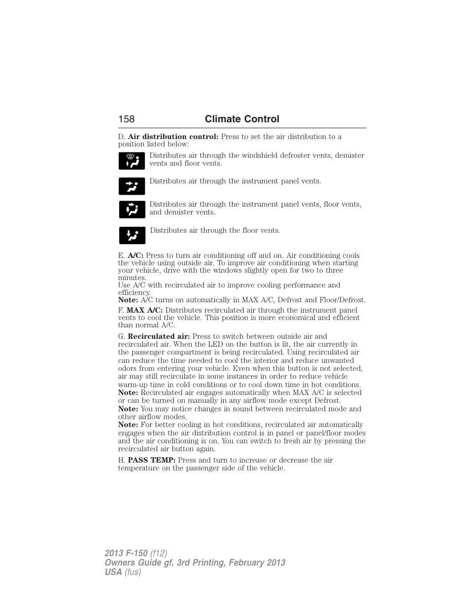 158 climate control | FORD 2013 F-150 v.3 User Manual | Page 159 / 592