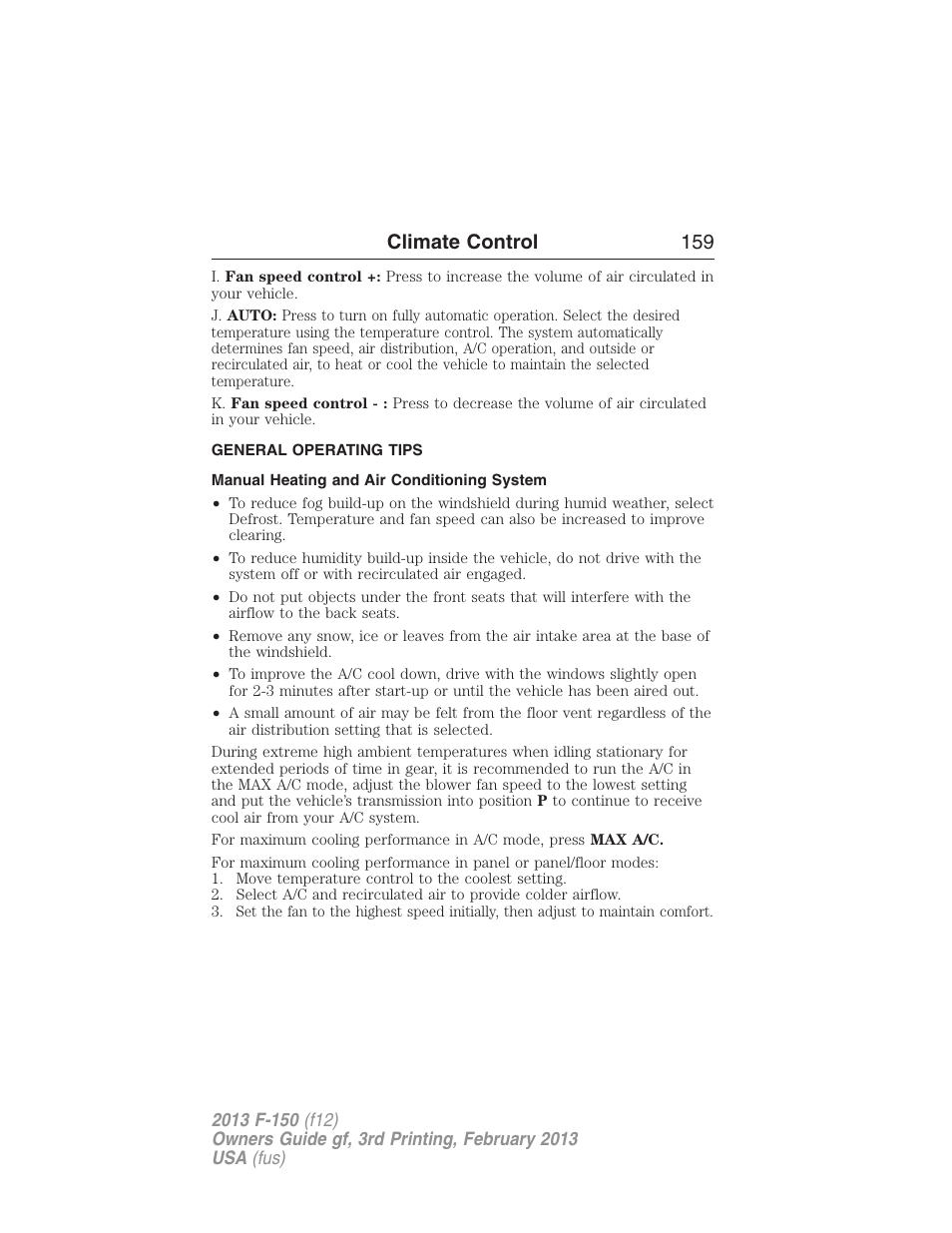 General operating tips, Manual heating and air conditioning system, Climate control 159 | FORD 2013 F-150 v.3 User Manual | Page 160 / 592