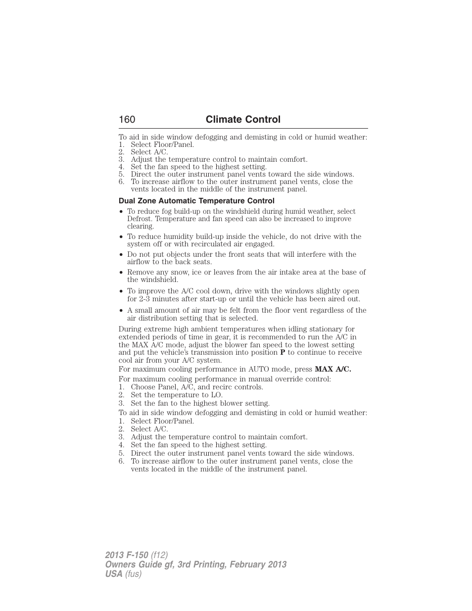 Dual zone automatic temperature control, 160 climate control | FORD 2013 F-150 v.3 User Manual | Page 161 / 592