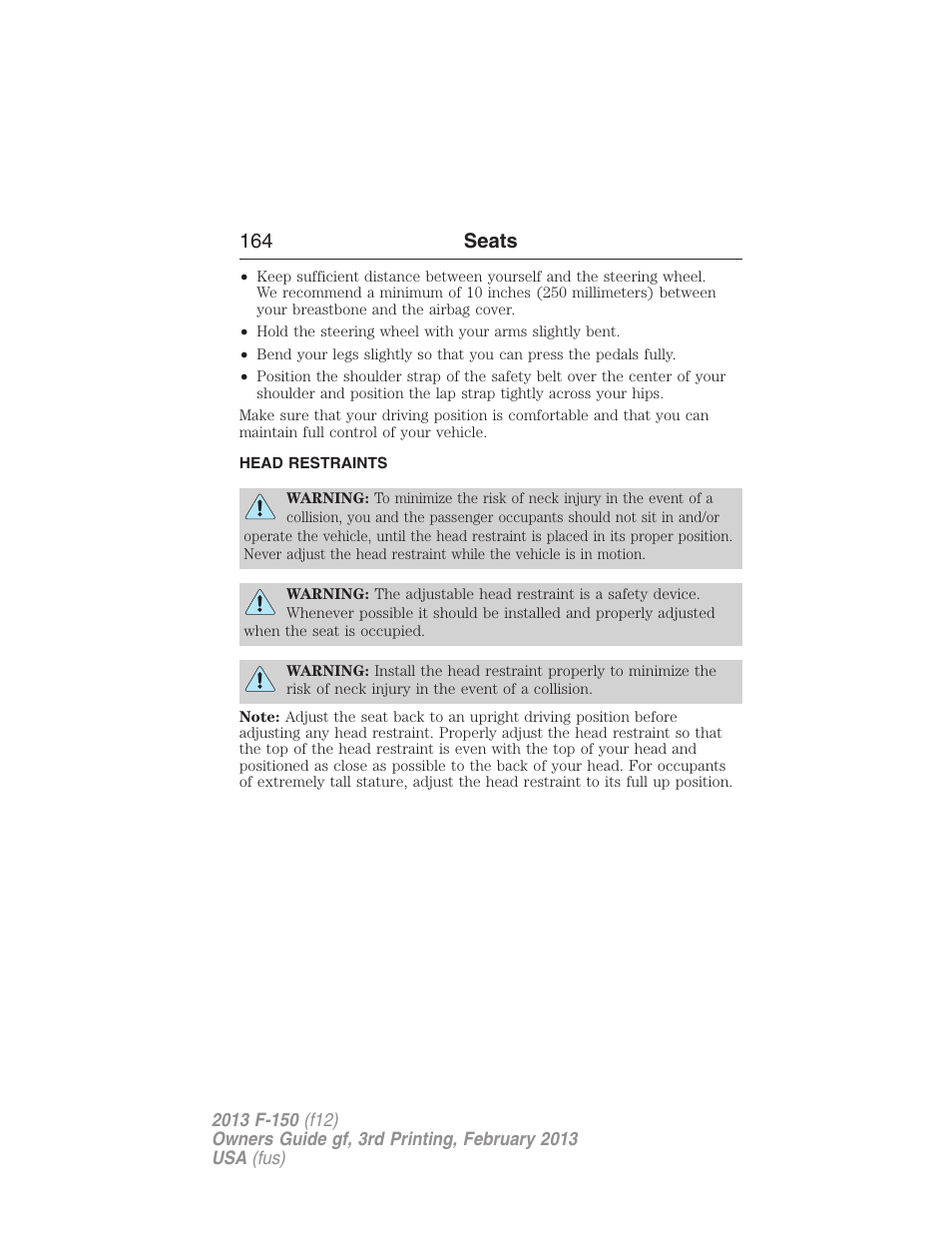 Head restraints, 164 seats | FORD 2013 F-150 v.3 User Manual | Page 165 / 592