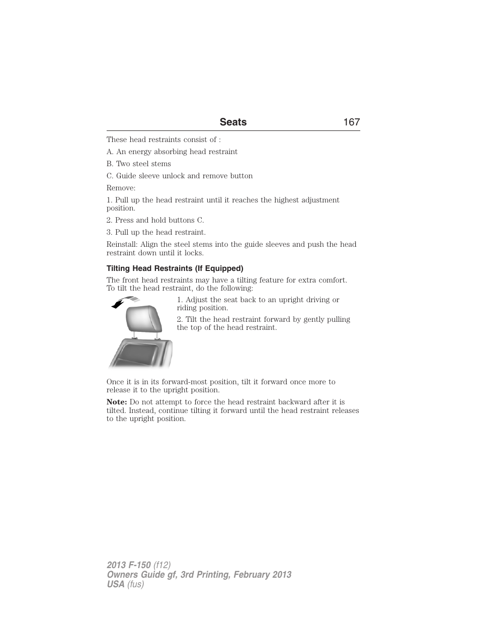 Tilting head restraints (if equipped), Seats 167 | FORD 2013 F-150 v.3 User Manual | Page 168 / 592